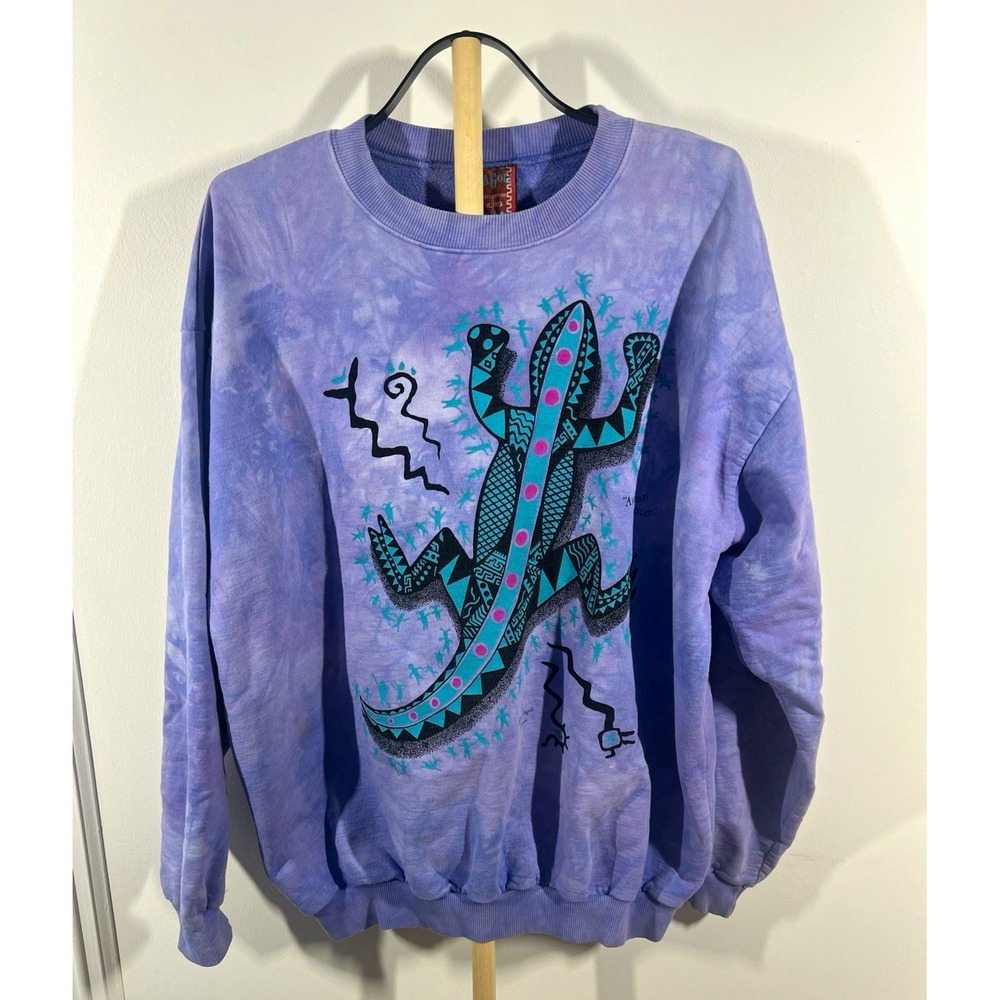Vintage 90s DaGoli Anasazi Gecko Sweatshirt XL Purple Tie Dye Cave Art Canada
